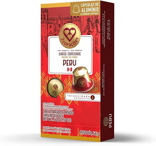 3 Corações Cápsulas de Café Regiões do Mundo Peru, Compatíveis com Nespresso, contém 10 cápsulas